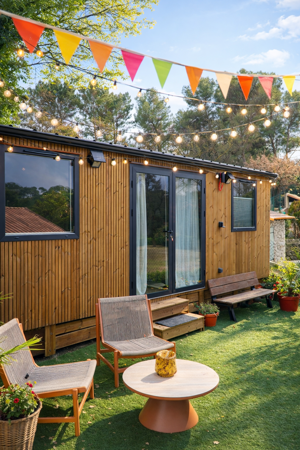 Terrasse en bois éclairée de la Tiny House de luxe La Parenthèse en Provence