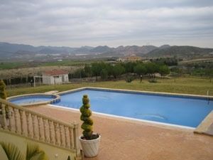Una gran piscina con vista a las montañas al fondo.
