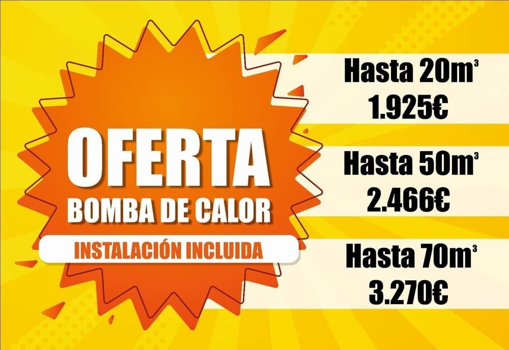 Un cartel amarillo que dice oferta de bomba de calor