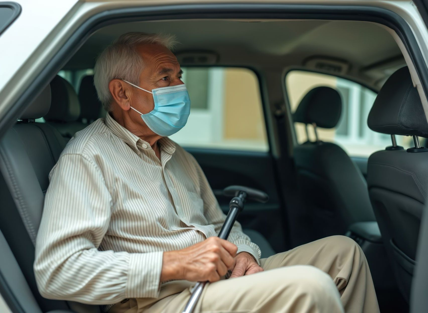 Un homme âgé avec une canne et un masque à l'arrière d'un taxi