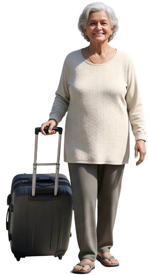 Une femme âgée avec une valise à roulettes