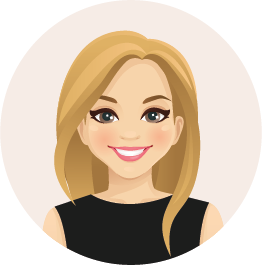 Eine Cartoon-Illustration einer Frau mit blondem Haar, die ein schwarzes Kleid trägt und lächelt.