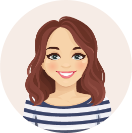 Eine Cartoon-Illustration einer lächelnden Frau, die ein gestreiftes Hemd trägt.