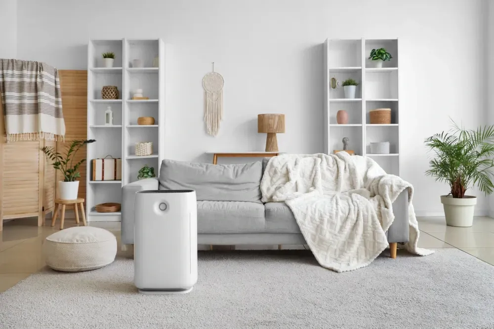 Una sala de estar con un sofá y un purificador de aire.