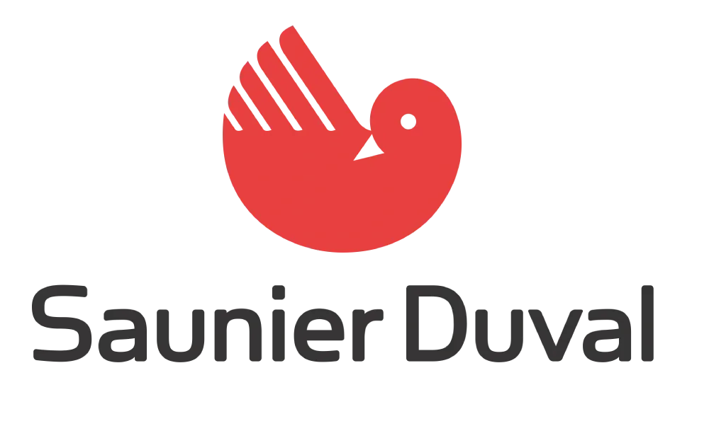 Un logotipo de Saunier Duval con un pájaro rojo sobre un fondo blanco.