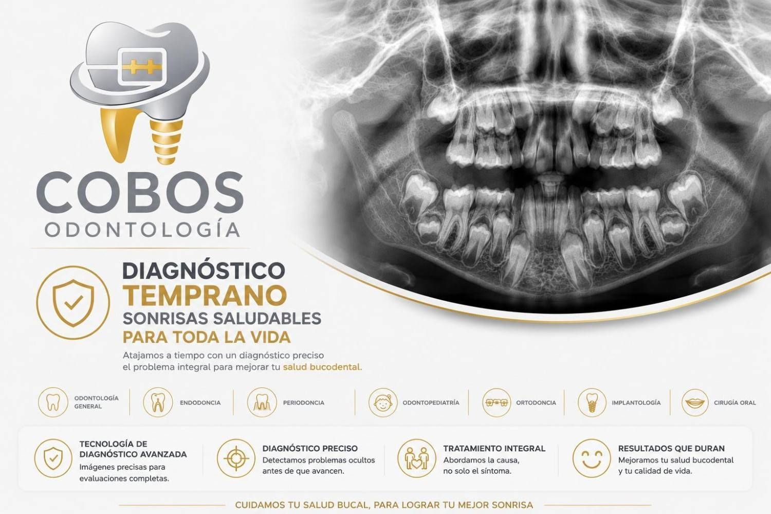 Sala de examen dental con sillón, luz superior, bandeja de instrumental y taburete en un entorno clínico limpio.