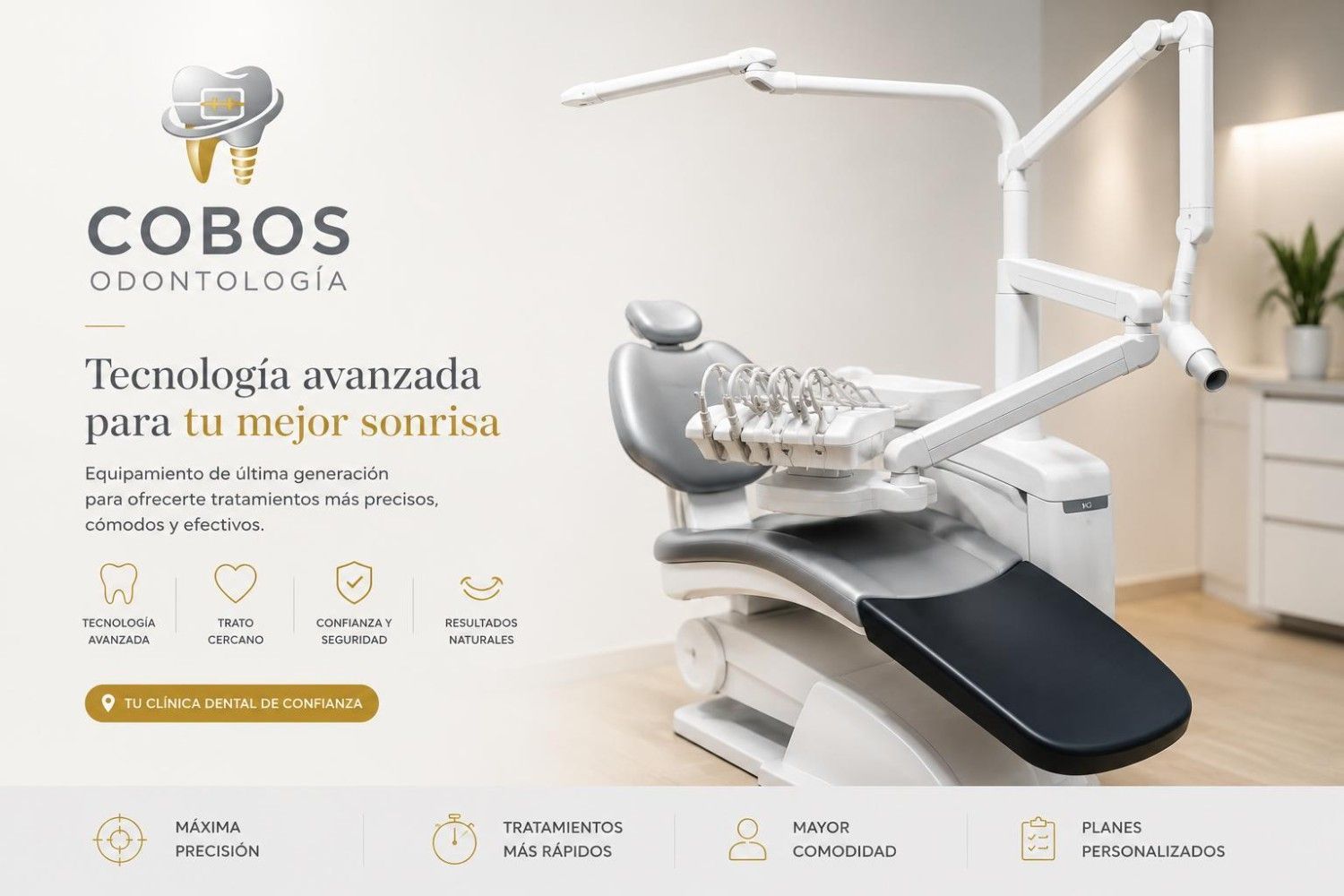 Consultorio dental con sillón reclinable, luz cenital y gabinetes blancos.
