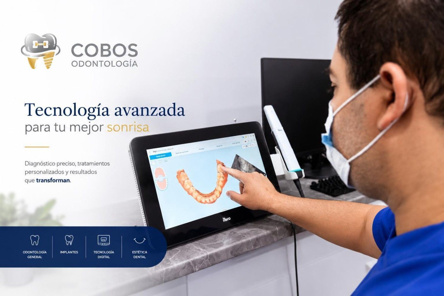 Consultorio dental con sillón reclinable, luz cenital y gabinetes blancos.