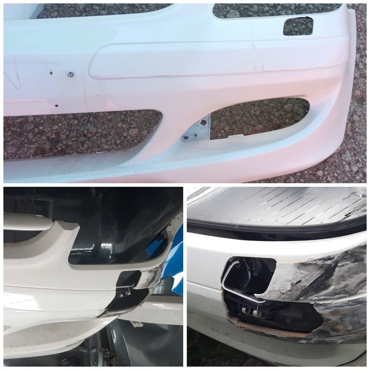 Primer plano de un parachoques de automóvil blanco con una abertura para una luz antiniebla, que muestra varios ángulos.