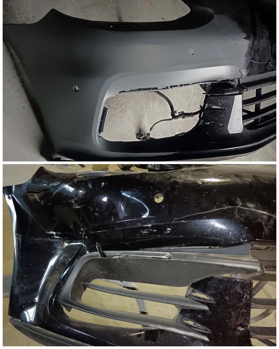 Parachoques dañado, antes y después de la reparación. Arriba: imprimación gris. Abajo: negro, abollado y agrietado.