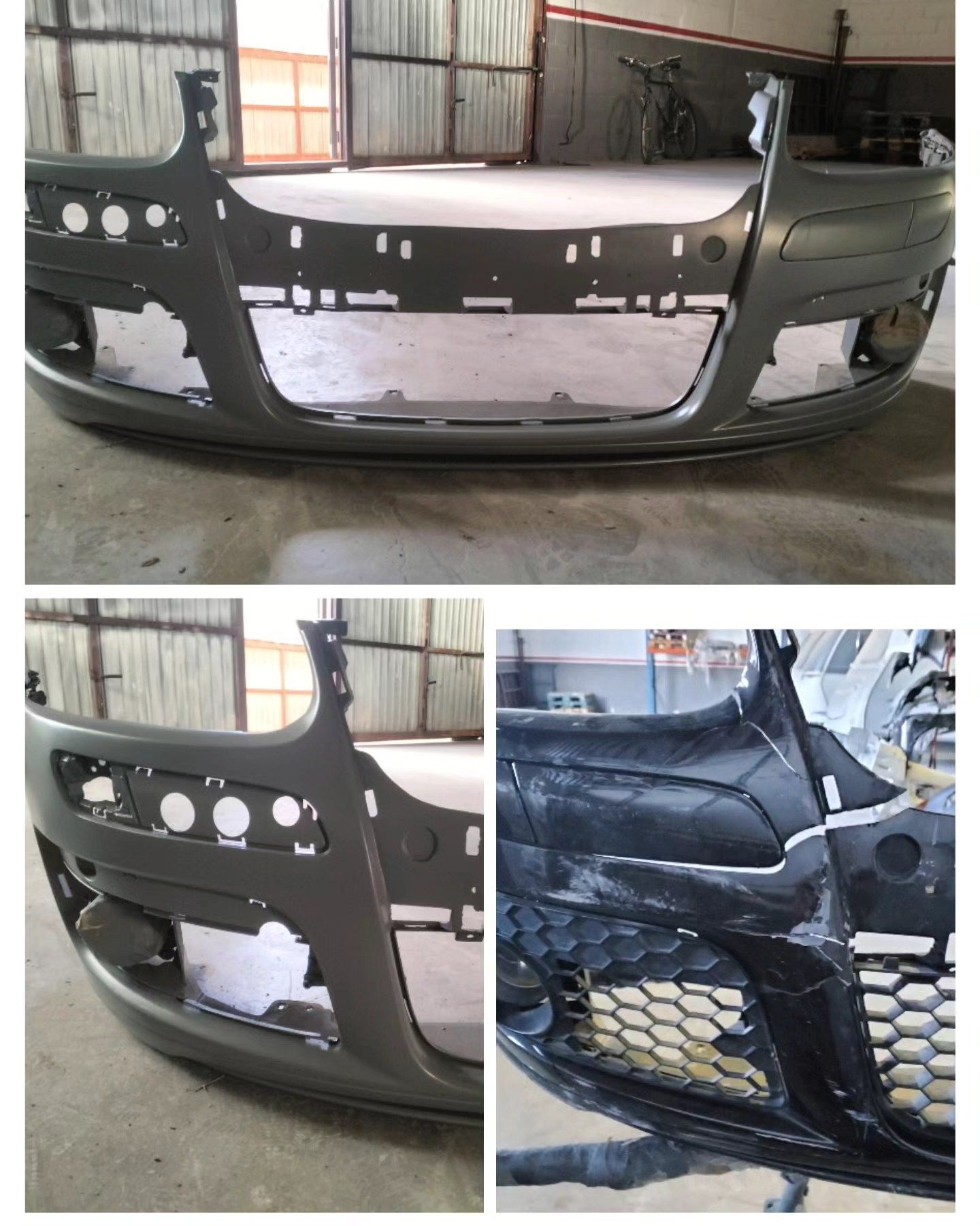 Parachoques de coche, color gris oscuro, en un taller. Vista frontal y lateral.