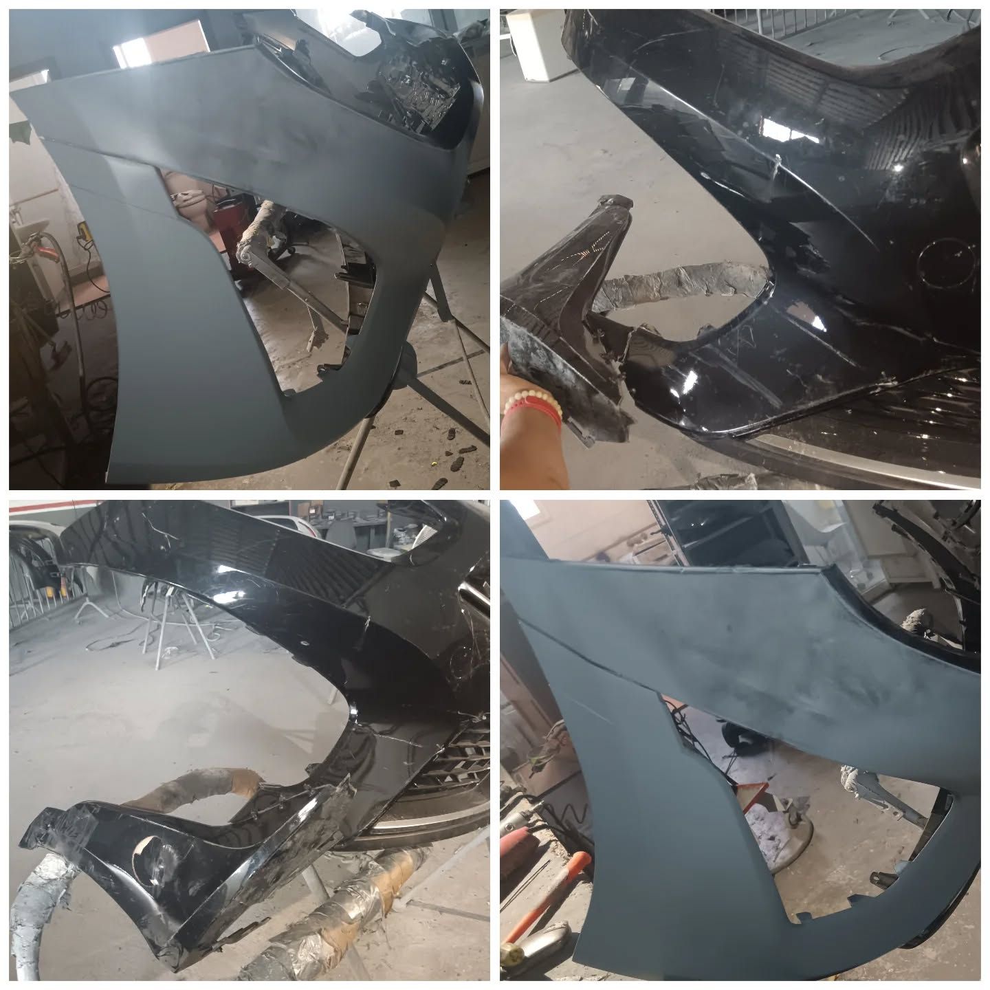 Cuatro vistas de carenados de motocicletas, posiblemente reparados o modificados, en diferentes etapas de preparación de la superficie.