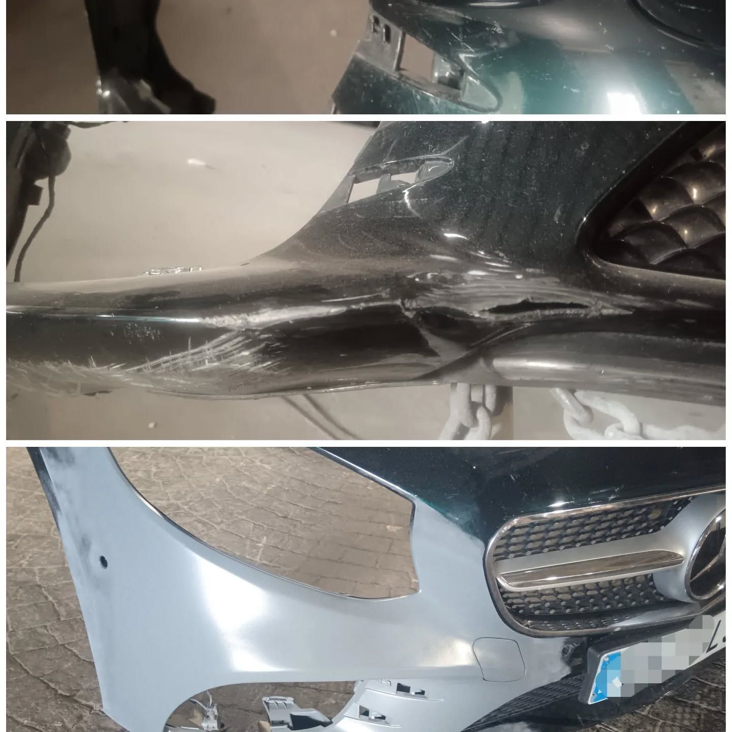 Parachoques verde oscuro dañado con arañazos. Se ve parcialmente un parachoques reparado en gris.