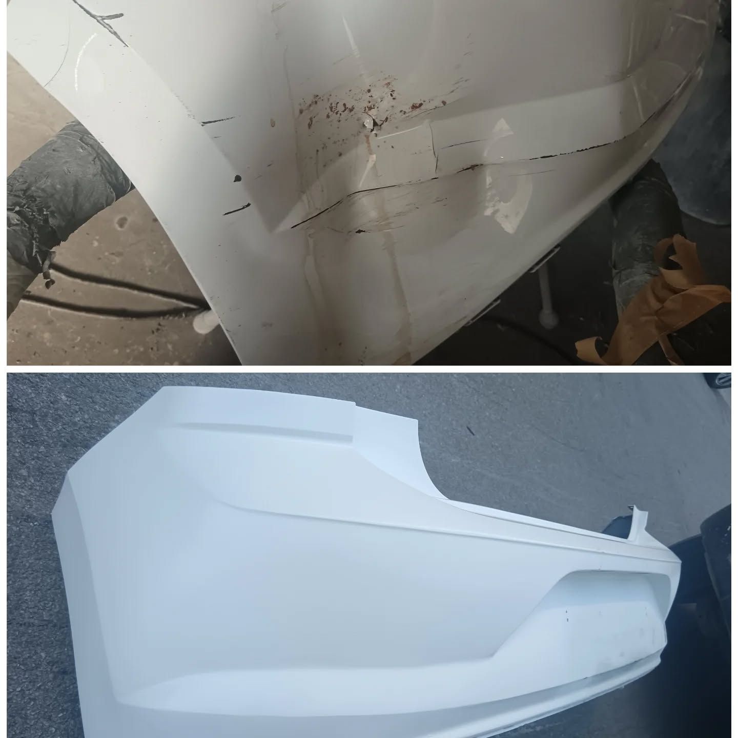 Parachoques de coche dañado antes de la reparación y el mismo parachoques después de ser reparado y pintado de blanco.