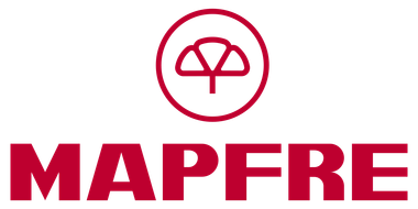 Logotipo de Mapfre: Texto y emblema en color rojo, una forma similar a un paraguas dentro de un círculo.