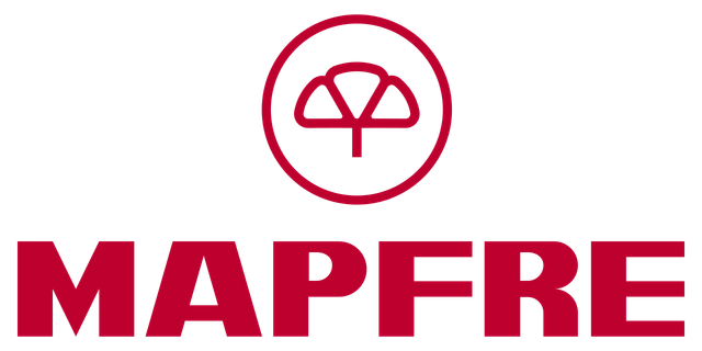 Logotipo de Mapfre: Texto y emblema en color rojo, una forma similar a un paraguas dentro de un círculo.