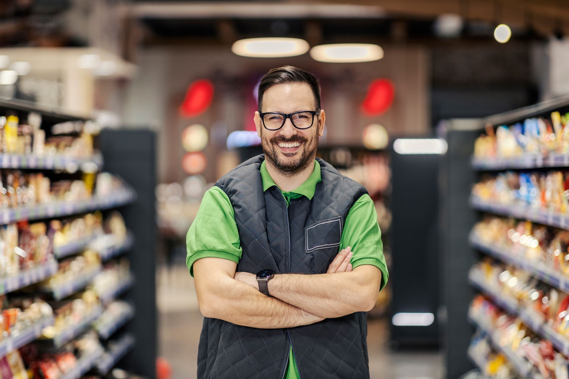 Un employé de magasin souriant, vêtu d'une chemise verte et d'un gilet noir, se tient les bras croisés dans une allée d'épicerie.