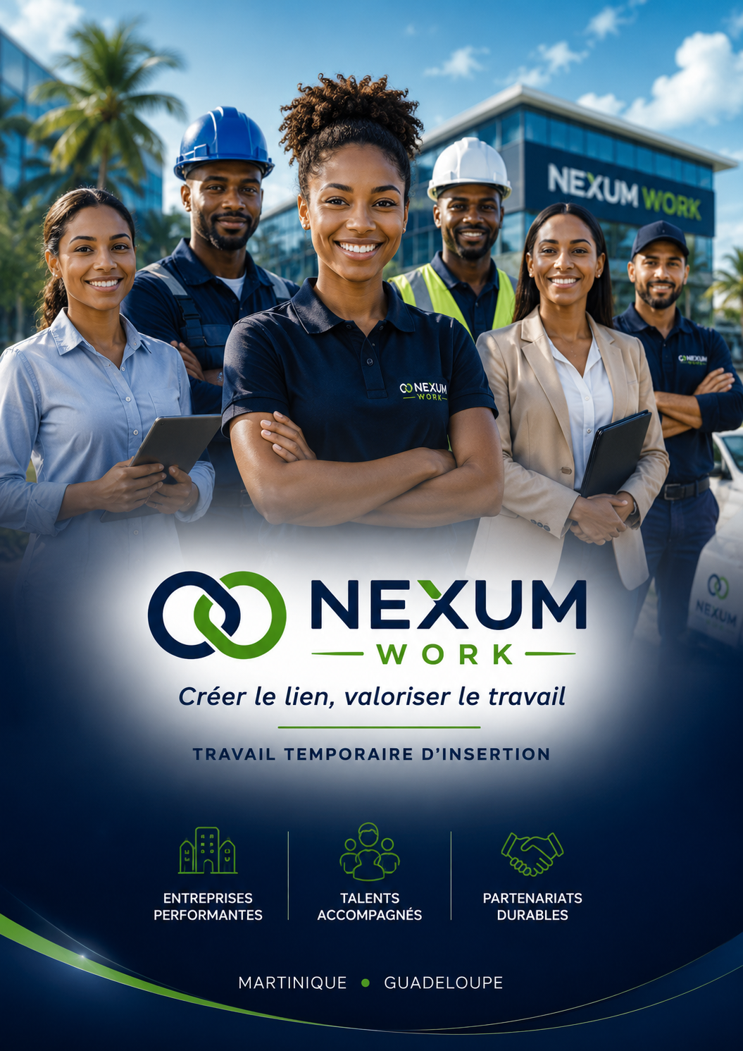 Dépliant NEXUM WORK avec des travailleurs souriants, un ciel bleu, des palmiers et le logo de NEXUM WORK pour des solutions de main-d'œuvre et de services