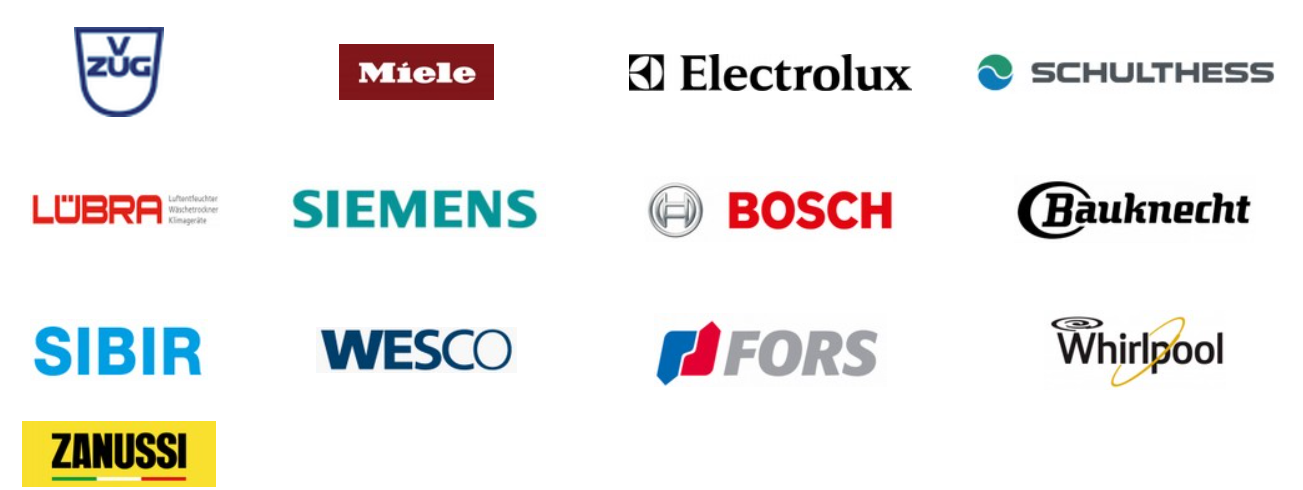Collage von Logos verschiedener Haushaltsgerätehersteller, darunter Miele, Electrolux, Siemens, Bosch, Whirlpool und Zanussi.