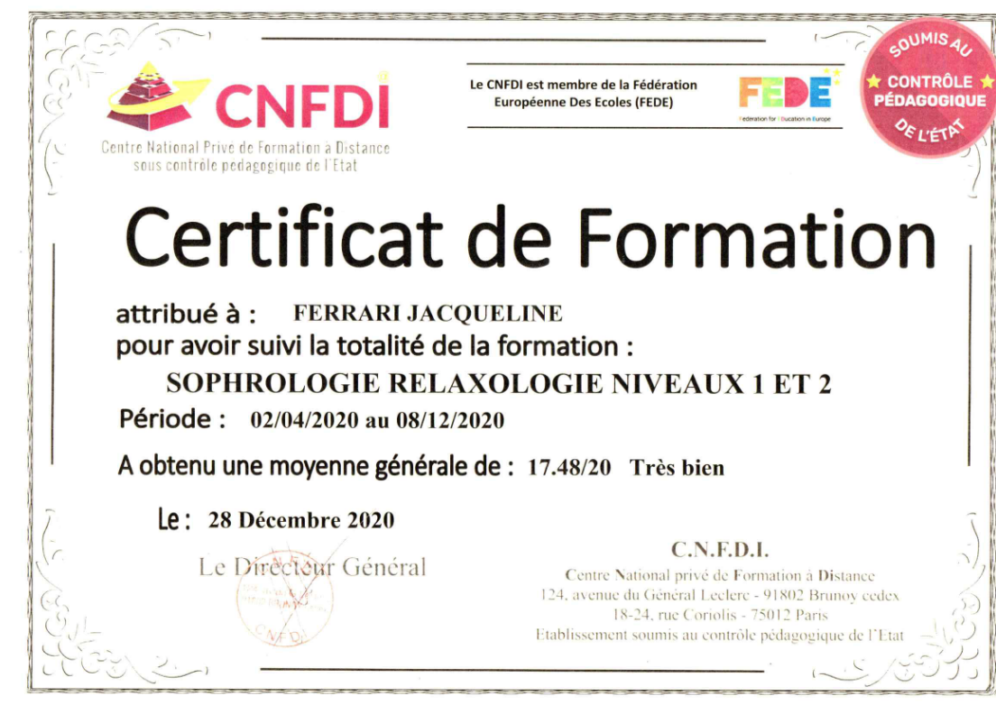 Certificat de Formation en sophrologie relaxologie niveaux 1 et 2