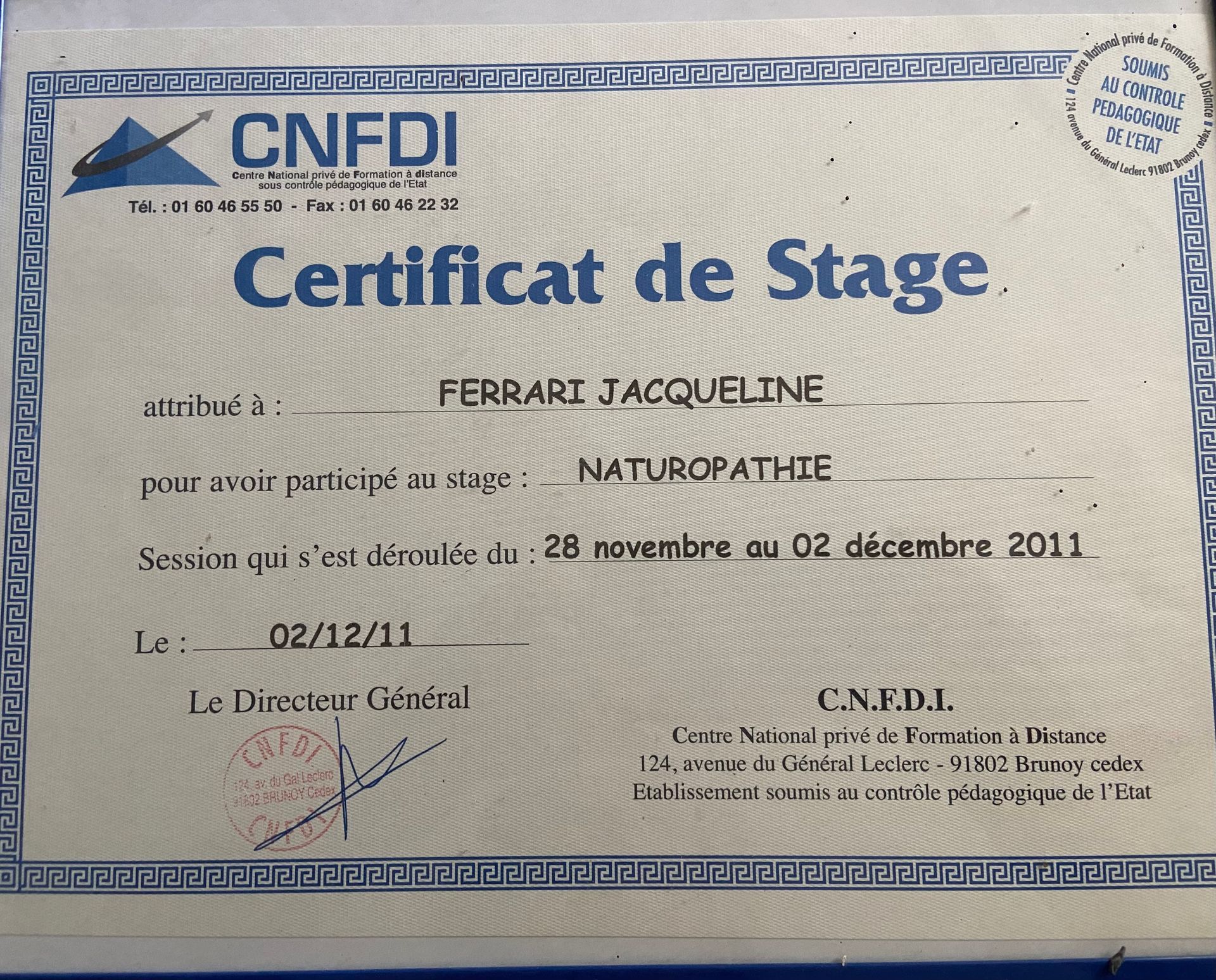 Certificat de Stage en naturopathie