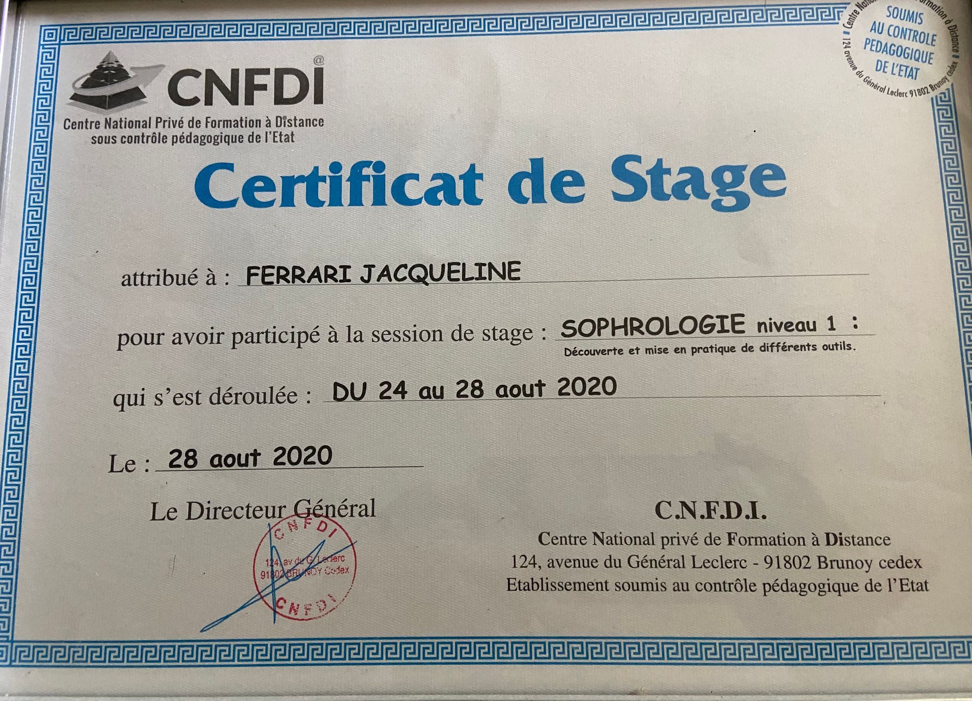 Certificat de Stage en sophrologie niveau 1