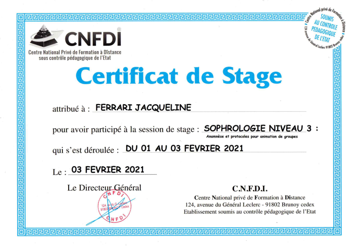 Certificat de Stage en sophrologie niveau 3