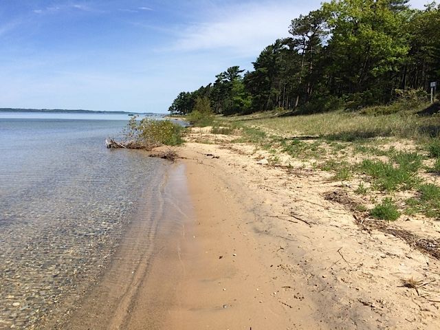 Beach along clear lake water