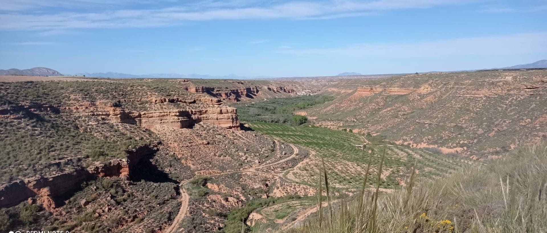 Una vista aérea de un cañón con un camino que lo atraviesa.