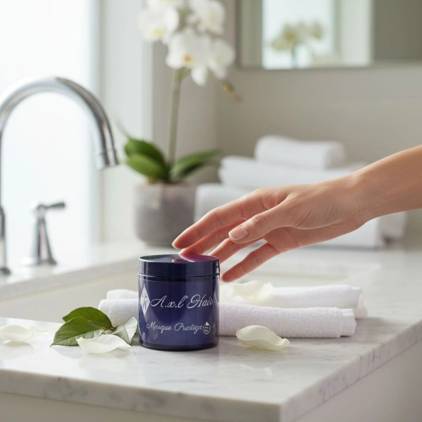 Une main se tend vers un pot bleu foncé posé sur un comptoir en marbre, près de serviettes, de fleurs et d'un lavabo.