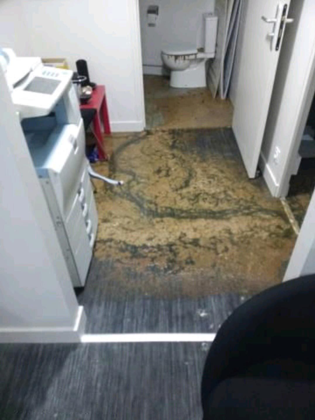 Couloir étroit inondée, eau boueuse stagnante, menant à une petite salle de bains, avec une imprimante et une chaise au premier plan.