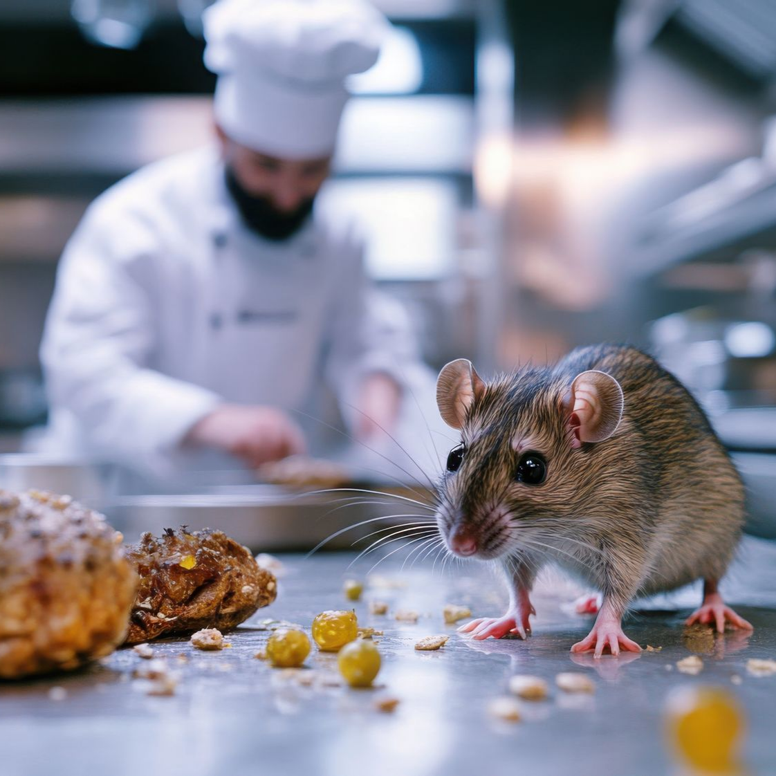 Une souris se tient près de nourriture sur un comptoir de cuisine, avec un chef cuisinier en arrière-plan.