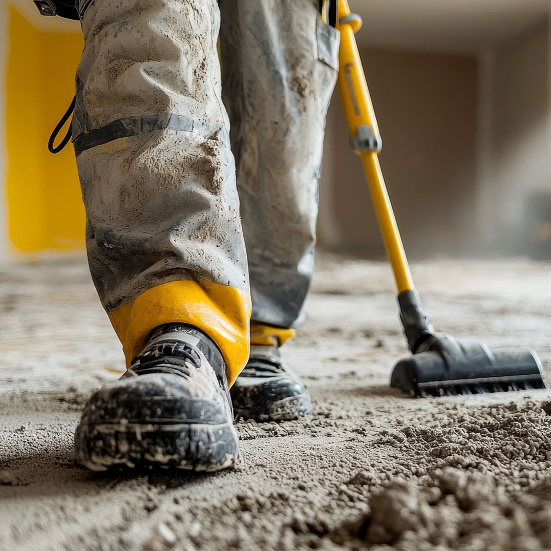Un ouvrier du bâtiment passe l'aspirateur sur un sol poussiéreux ; gros plan sur ses bottes, son pantalon gris à revers jaunes et son aspirateur jaune.