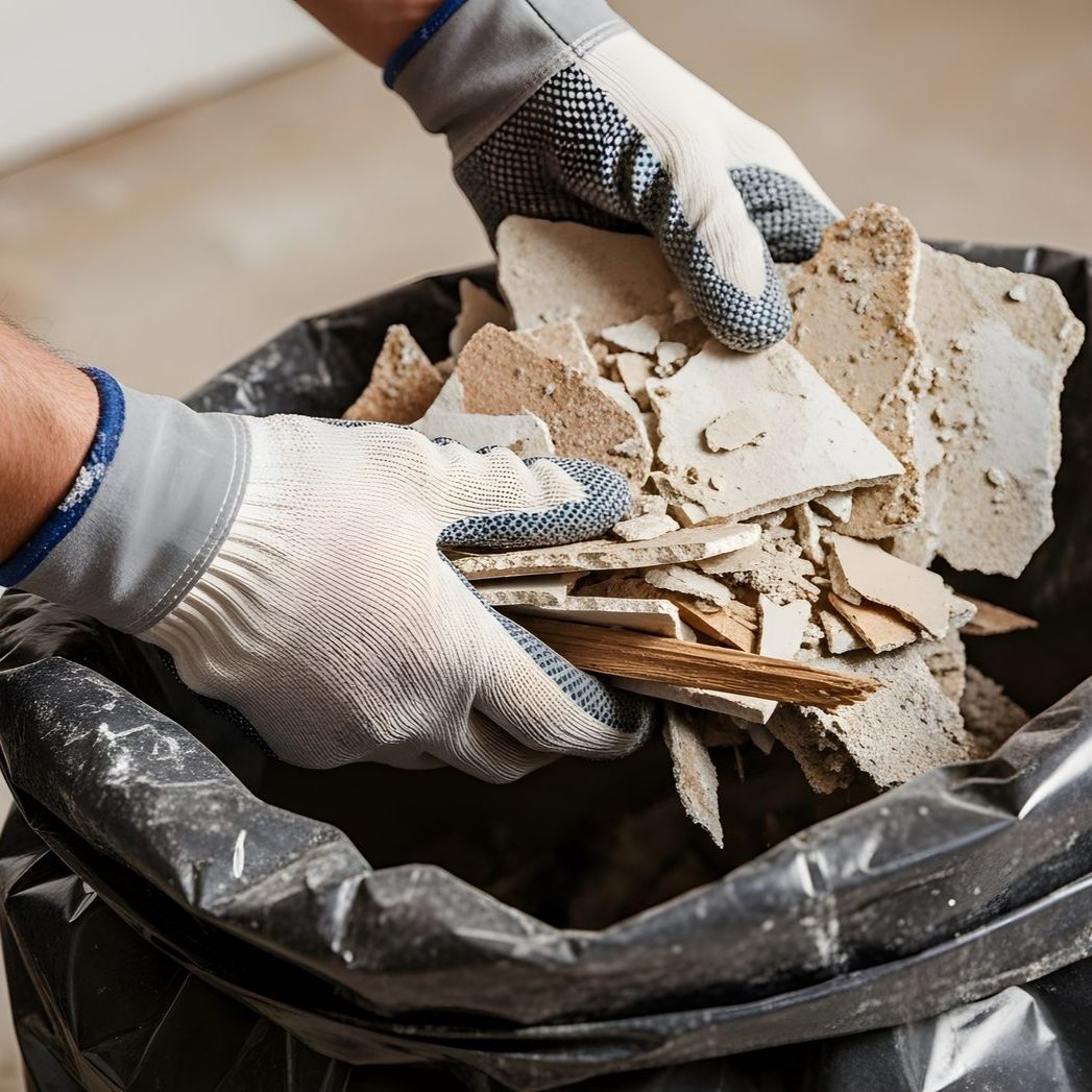 Des mains gantées de travail placent des débris dans un sac-poubelle noir.