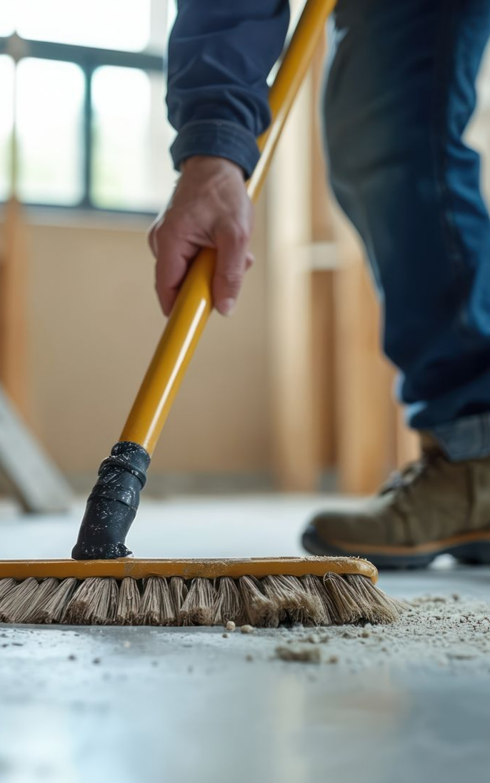 Une personne balaie un sol poussiéreux avec un balai à manche jaune sur un chantier de construction.