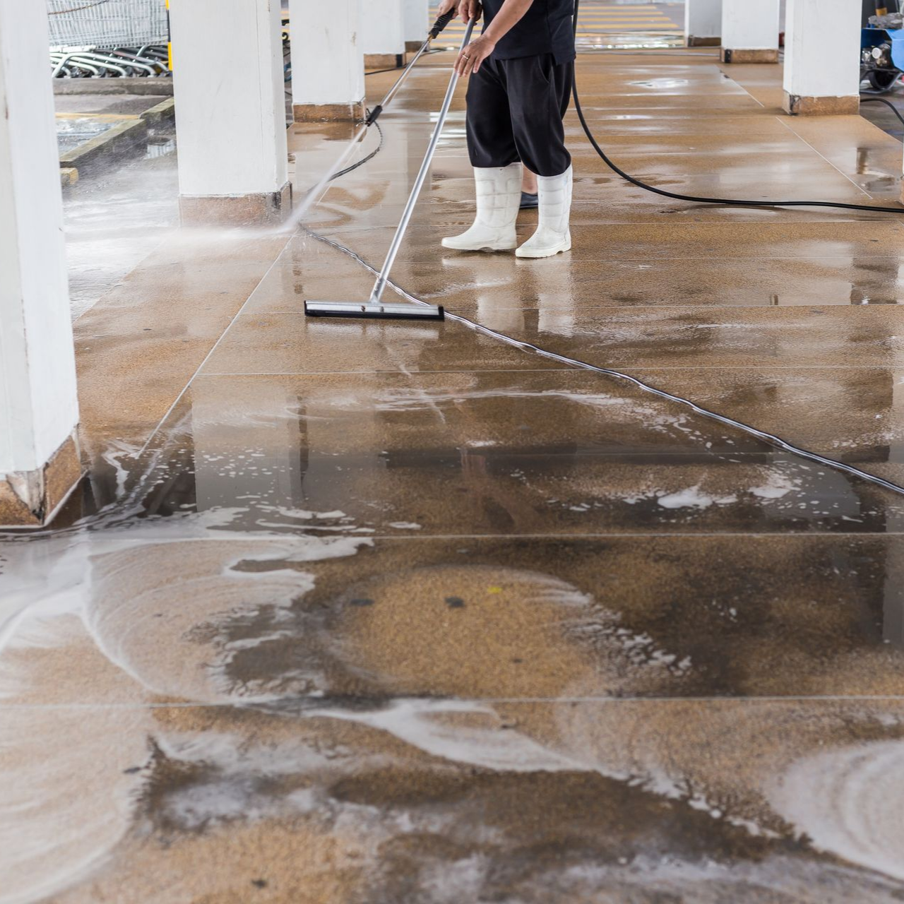 Une personne utilise une raclette pour nettoyer un sol en béton ; de l'eau et de la mousse sont visibles.