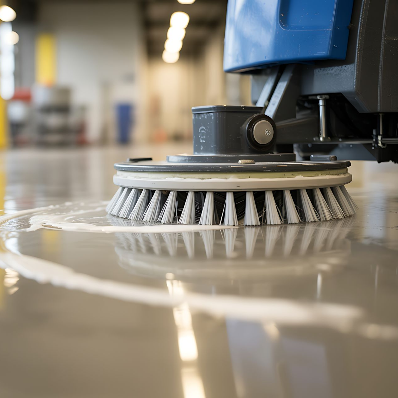 Machine de nettoyage de sols frottant un sol gris avec de l'eau savonneuse dans un entrepôt.