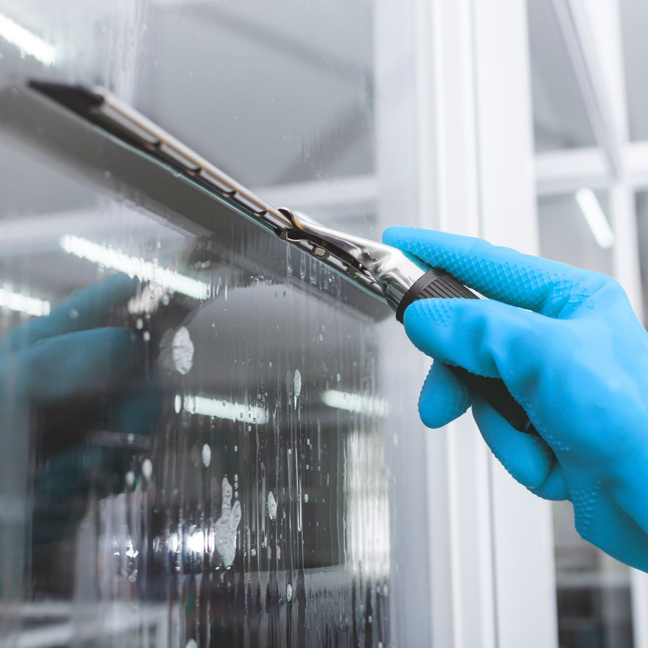 Une personne portant un gant bleu nettoie une vitre avec une raclette.