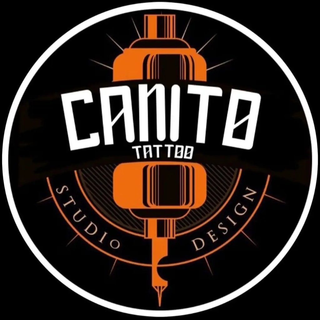 Logotipo para el estudio "Canito Tattoo", que presenta una máquina de tatuar estilizada en color naranja.