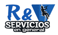 Logotipo azul "R&V Servicios en General" con un trabajador descendiendo en r&aacute;pel por un tri&aacute;ngulo azul.