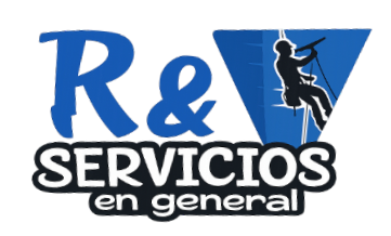 Logotipo azul "R&V Servicios en General" con un trabajador descendiendo en r&aacute;pel por un tri&aacute;ngulo azul.
