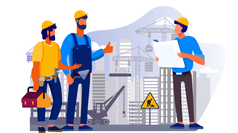 Um grupo de trabalhadores da construção civil estão parados um ao lado do outro em um canteiro de obras.