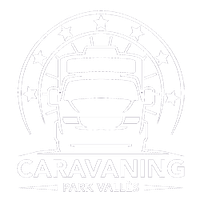 Contorno blanco de una caravana en un marco circular con estrellas, la inscripción "CARAVANING PARK VALLÈS" debajo.