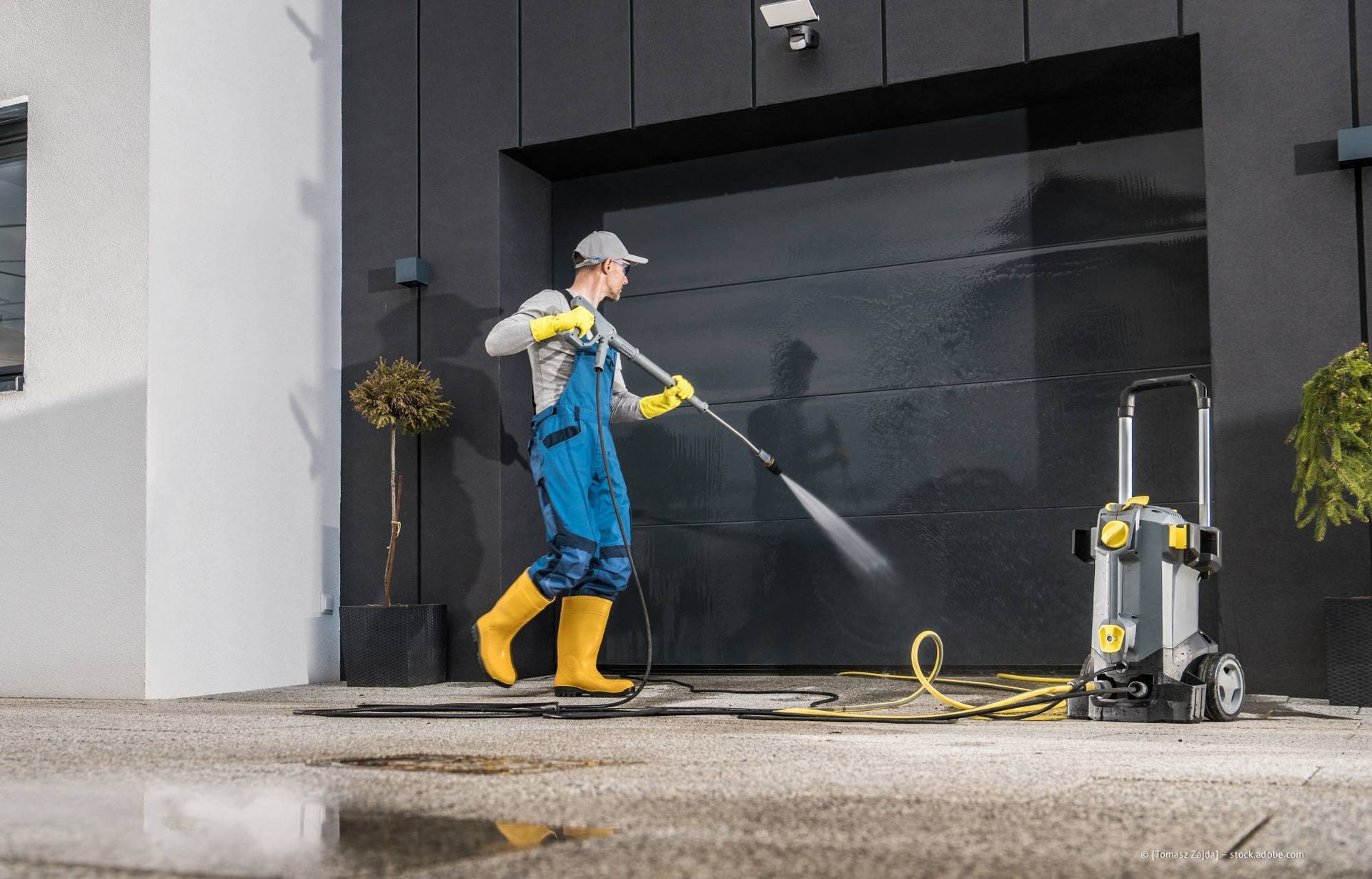 Ein Mann in Latzhose reinigt mit einem gelben Hochdruckreiniger ein Garagentor.