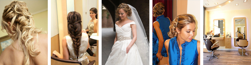 Una mujer con un vestido de novia se está peinando en un salón.