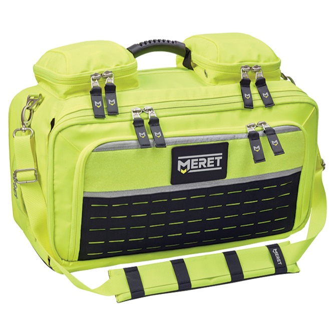 Un estintore rosso e giallo con una maniglia gialla