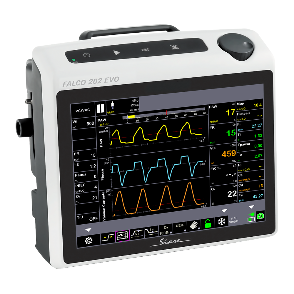 Un defibrillatore è posizionato all'interno di una custodia su uno sfondo bianco.