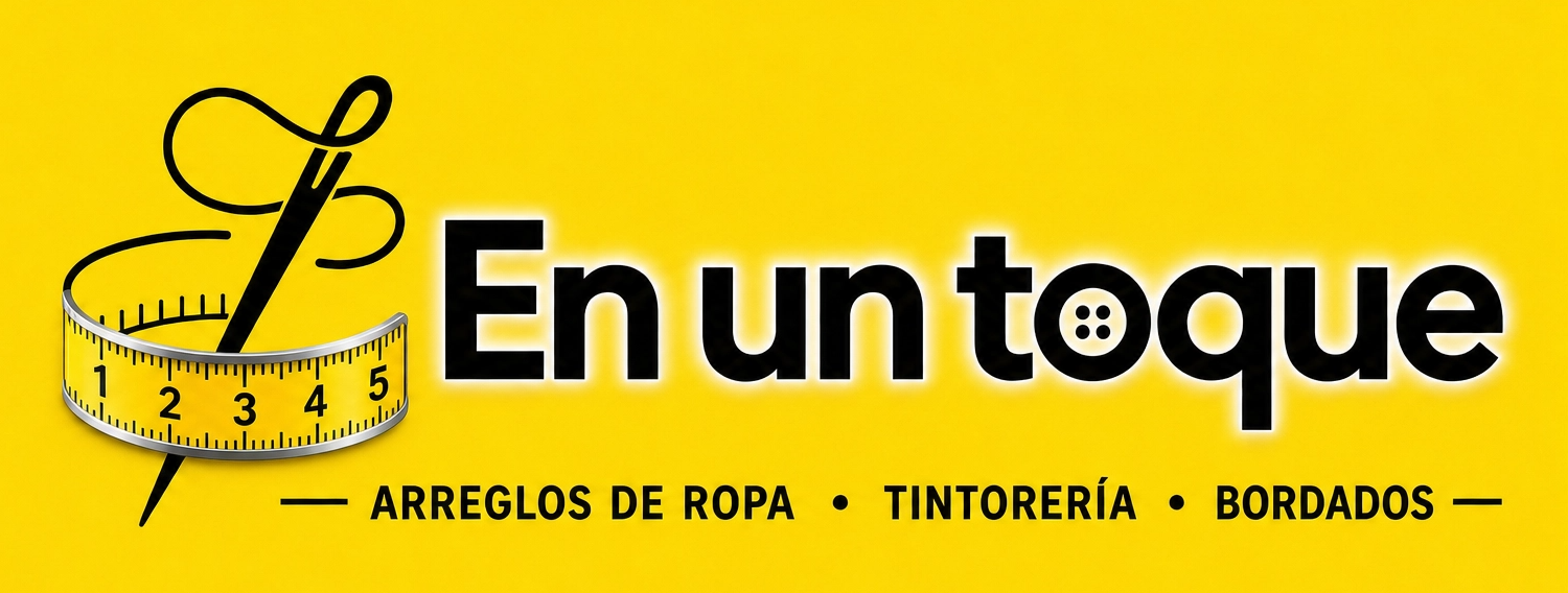 Yellow logo for &ldquo;Enuntoque&rdquo; with a measuring tape and sewing needle; text: arreglos de ropa, tintorer&iacute;a, bordados.