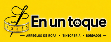 Yellow logo for &ldquo;Enuntoque&rdquo; with a measuring tape and sewing needle; text: arreglos de ropa, tintorer&iacute;a, bordados.