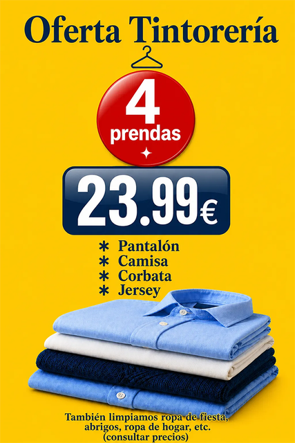 Lavandería/oferta en español: 4 prendas por 23,99 €, con pantalón, camisa, corbata y jersey sobre fondo amarillo.